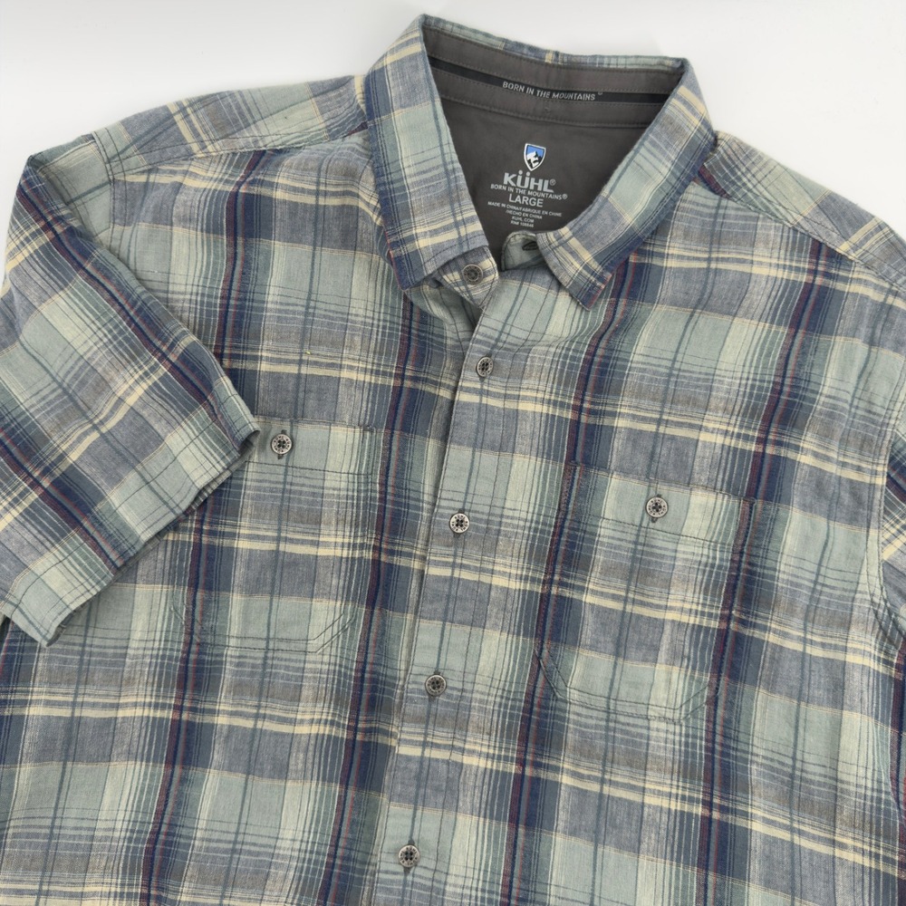 Kuhl Mens Large‎ Short Sleeve Plaid Button Down Shirt Blue Grey Hiking Outdoor
